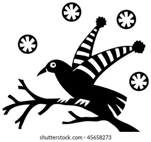 Funny image of the cartoon bird wearing winter hats on her wings