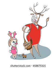 Funny image doe - mother and fawn - daughter