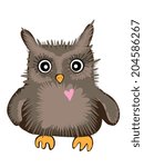 Funny image of little brown owl owl in love, with pink heart. Cartoon vector illustration, isolated.