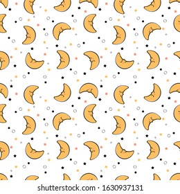 Funny image of a moon with a face. Moon children's pattern with stars. Editable vector.