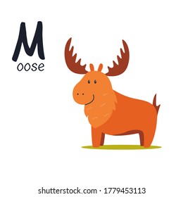 Funny image of moose and letter M. Zoo alphabet collection. Vector illustration