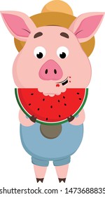 A funny image of a pig eating a watermelon, vector, color drawing or illustration.
