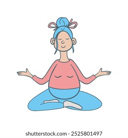 Funny image of pregnant woman meditating, clip art. Female character in doodle style doing relaxation yoga practice. Pregnant woman expecting baby, vector graphics