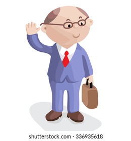 Funny image for a presentation. Cartoon businessman in suit and tie with briefcase. Vector illustration.