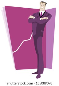 Funny image of a successful top manager on the background of a chart showing the highest  growth in profits