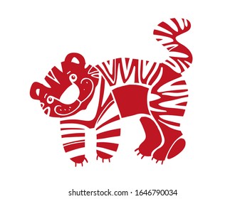 funny image of a tiger cub, stylized animal, plain pattern, primitive picture, simple image, stripes, smile, white background, isolated, feline, raspberry color