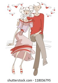 Funny image of young couple lovers sitting on the bench