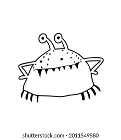 Funny imaginary crab monster with hands, adorable creature for children. Monochrome character for kids activity coloring book. Black and white outline coloring page.