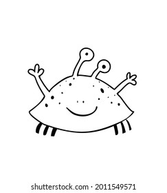 Funny imaginary crab monster waving hands, adorable creature for children. Monochrome character for kids activity coloring book. Black and white outline coloring page.