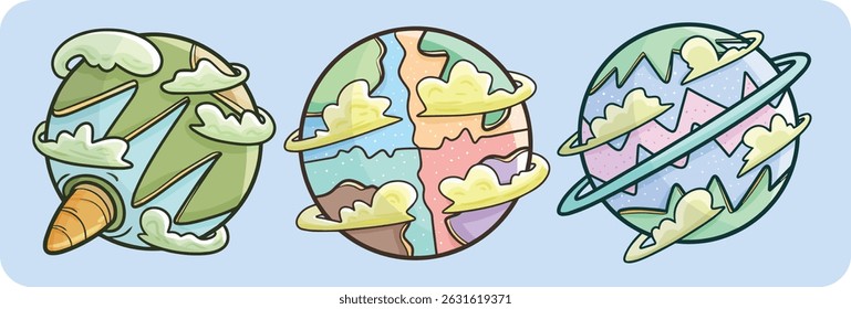 Funny imaginative three planets cartoon illustration set