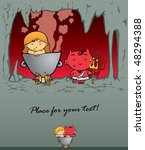 funny imp and girl, postal, vector
