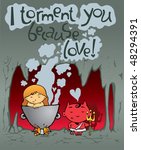 funny imp and girl, postal, vector