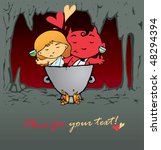 funny imp and girl, postal, vector