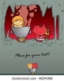 funny imp and girl, postal, vector