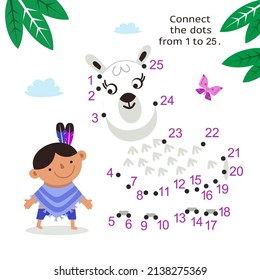 Funny Indian boy play with alpaca. Activity page for kids. Educational game. Connect dots from 1 to 25. Vector illustration.