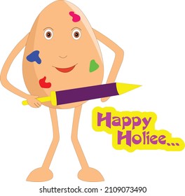 Funny Indian Themed egg cartoon - Funny egg cartoon playing Holi (Indian Festival) and saying Happy Holi. Vector Illustration. 