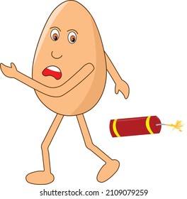 Divertida caricatura de huevo con tema indio - Caricatura divertida de huevo huyendo de un cracker durante el Diwali (Festival Indio). Ilustración vectorial. 