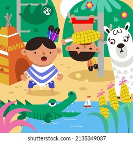 Funny Indians boys play with alpaca near pond. Сute cartoon character. Vector illustration for children games, kids book design, puzzles.