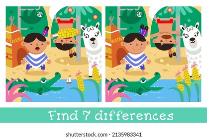 Funny Indians boys play with alpaca near pond. Find 7 differences. Game for children. Hand drawn full color illustration. Vector flat cartoon picture.