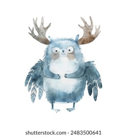 Funny indigo blue forest monster with wings and horns cule illustration vector design