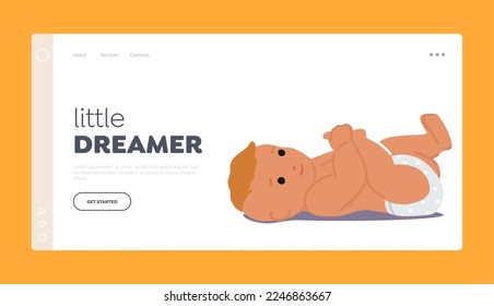 Funny Infant Landing Page Template. Cute Newborn Baby Lying on Floor and Playing with Leg. Innocent Healthy Adorable Child, Girl or Boy Character Wear Diaper. Cartoon People Vector Illustration