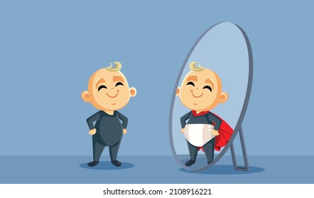 
Funny Infant Seeing a Super-Baby in the Mirror Vector Cartoon. Cute little infant seeing his future bright and successful 
