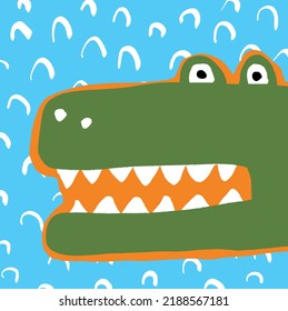 Funny Infantile Style Drawing With Big Green Alligator In A Blue Water. Cute Hand Drawn Vector Illustration With Dinosaur Head. Cool Nursery Art Ideal For Card, Poster, Wall Art. Safari Party Print.