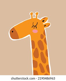 Funny Infantile Style Drawing with Happy Giraffe on a Beige Background. Cute Hand Drawn Vector Illustration with Dreamy Giraffe. Cool Nursery Art ideal for Card, Poster, Wall Art. Safari Party Print.