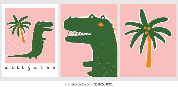 Funny Infantile Style Drawings with Big Green Alligator and Palm Tree. Cute Hand Drawn Vector Illustration with Crocodile. Cool Nursery Art ideal for Card,Poster, Wall Art.Tropical Safari Party Print.