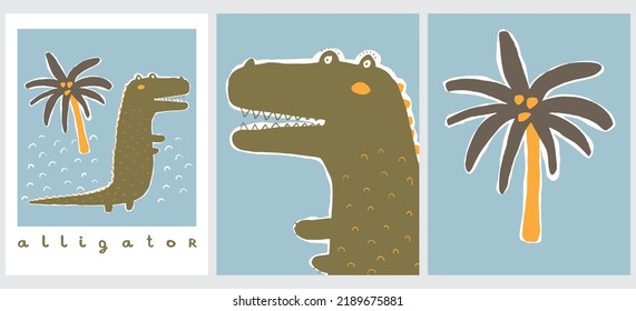 Funny Infantile Style Drawings and Big Green Alligator   Palm Tree  Cute Hand Drawn Vector Illustration and Crocodile  Cool Nursery Art ideal for Card Poster  Wall Art Tropical Safari Party Print 