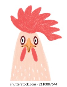 Funny Infantile Style Hand Drawn Rooster with a Large Red Comb and Wattles. Cute Vector Illustration with Big Chicken on a White Background. Farm Animal.