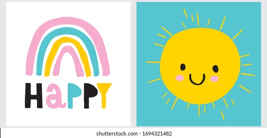 Funny Infantile Style Nursery Art with Happy Rainbow and Sun. Lovely Vector Illustration for Kids. Simple Cute Wall Art with Abstract Hand Drawn Sun on a Blue Sky and  Rainbow on a White Background. 