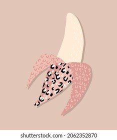 Funny Infantile Style Vector Illustration with Happy Banana. Hand Drawn Banana Fruit in Leopard Skin Suit Isolated on a Light Dusty Pink Background. Creative Print ideal for Card, Wall Art, Greetings.