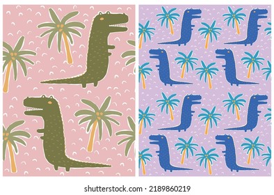 Funny Infantile Style Vector Seamless Pattern with Big Alligators and Palm Trees. Cute Hand Drawn Vector Print with Crocodiles in a Jungle. Cool Nursery Print. Tropical Safari Party Repeatable Design.
