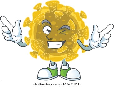 Funny infectious coronavirus cartoon design style with wink eye face