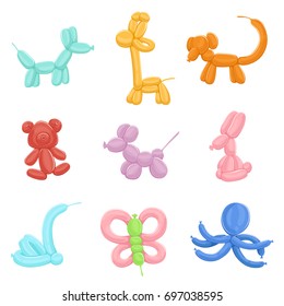 Funny inflatable animals from colored balloons. Vector illustrations in cartoon style