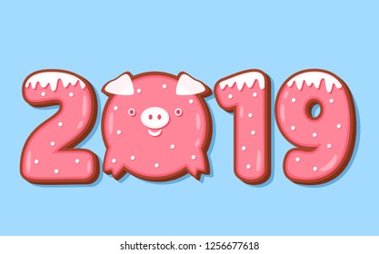 Funny inscription gingerbread gingerbread 2019. the concept of the new year. flat vector illustration isolated. New Year's decoration