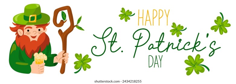 Funny inscriptions with St. Patrick's Day and a leprechaun with beer, a stick for posters, flyers, postcards, invitations, stickers, banners, gifts. Vector illustration of a modern Irishman Horizontal