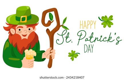 Funny inscriptions with St. Patrick's Day and a leprechaun with beer, a stick for posters, flyers, postcards, invitations, stickers, banners, gifts. Vector illustration of a modern Irishman. Rectangle