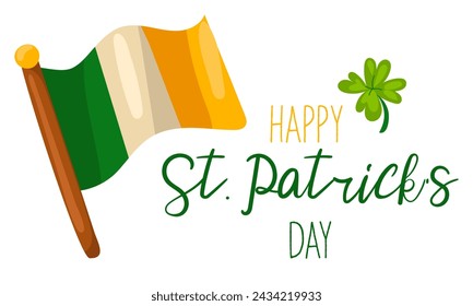 Funny inscriptions with St. Patrick's Day and the flag of Ireland for posters, flyers, postcards, invitations, stickers, banners, gifts. Vector illustration of a modern Irishman. Rectangle