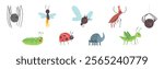Funny Insect Character with Smiling Face Vector Set