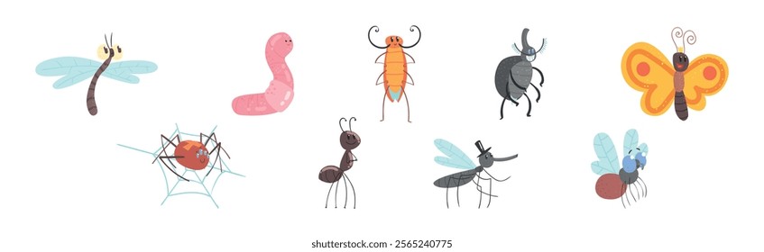 Funny Insect Character with Smiling Face Vector Set