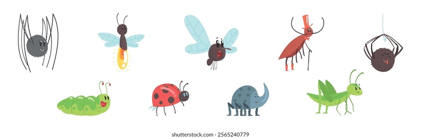 Funny Insect Character with Smiling Face Vector Set