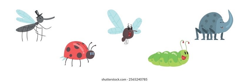 Funny Insect Character with Smiling Face Vector Set