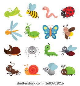 Funny Insect Set, Bug, Beetle, Butterfly Symbol. Entomology And Environment. Vector Cute Insects Cartoon Illustration Isolated On White Background