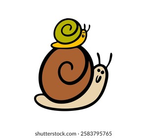 Funny insect with a shell is carrying a small child. Vector illustration of a snail mom and daughter having fun together in nature. Isolated cartoon animal characters on white background.