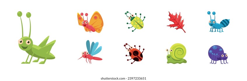 Funny Insect Small Crawling Animal and Leaf Vector Set
