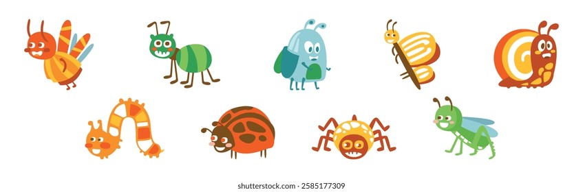 Funny Insect as Small Garden Pest with Cute Smiling Face Vector Set