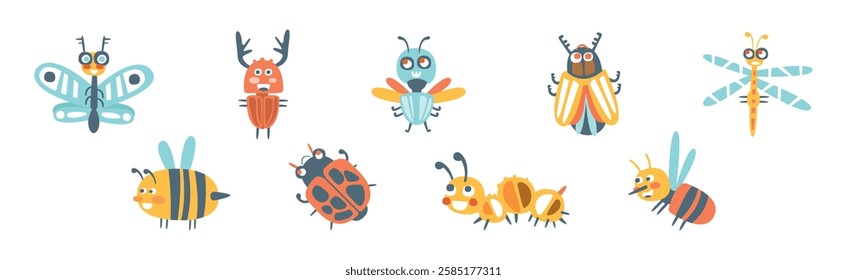 Funny Insect as Small Garden Pest with Cute Smiling Face Vector Set