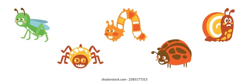 Funny Insect as Small Garden Pest with Cute Smiling Face Vector Set